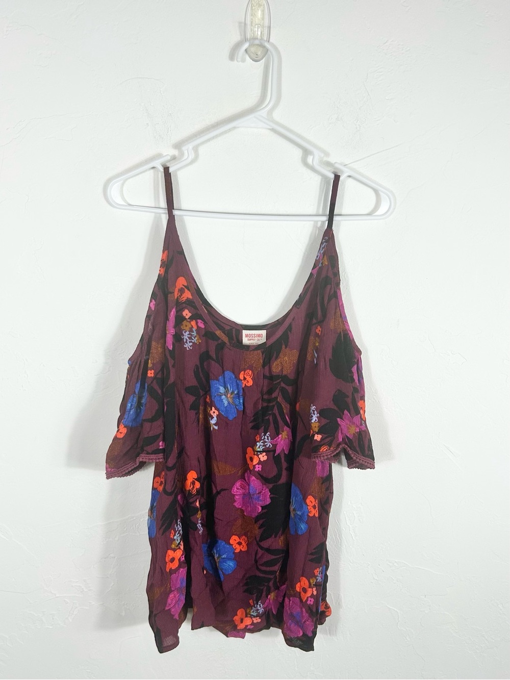 Mossimo Supply Co Floral Cold Shoulder Top Maroon Purple Short Sleeve Blouse XL